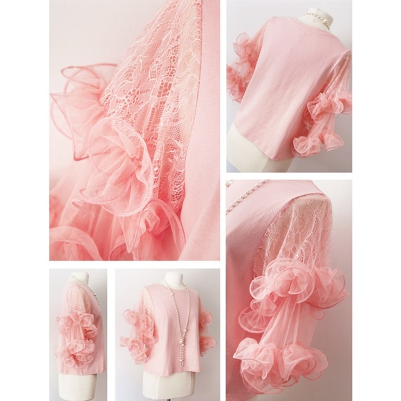 Pink Lace Tulle Flutter Sleeves Pretty Tee T Shirt - Picture 5 of 8